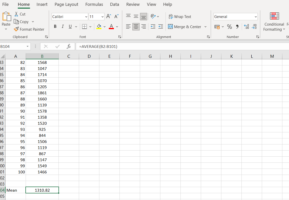 Mean calculated in excel